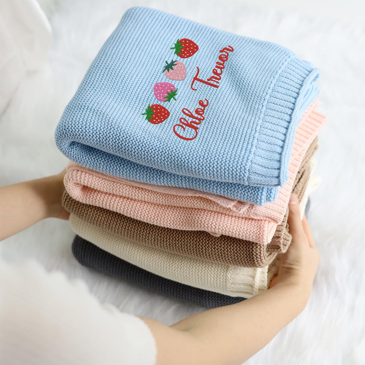 Embroidered Baby Blanket with Name, Personalized Baby Blanket for Boys Girls, Strawberry Baby Blanket, Embroidery Blanket for Strollers
