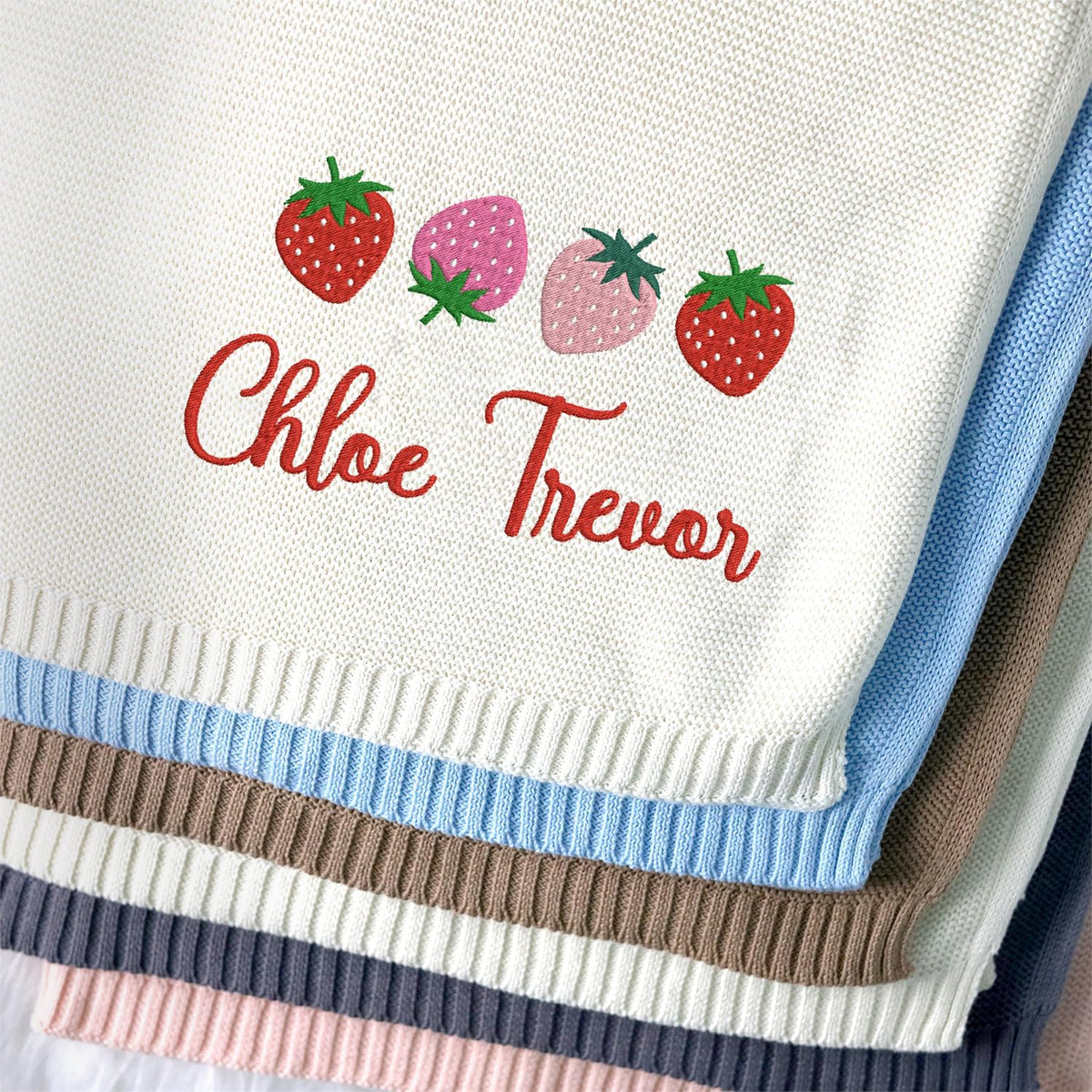 Embroidered Baby Blanket with Name, Personalized Baby Blanket for Boys Girls, Strawberry Baby Blanket, Embroidery Blanket for Strollers