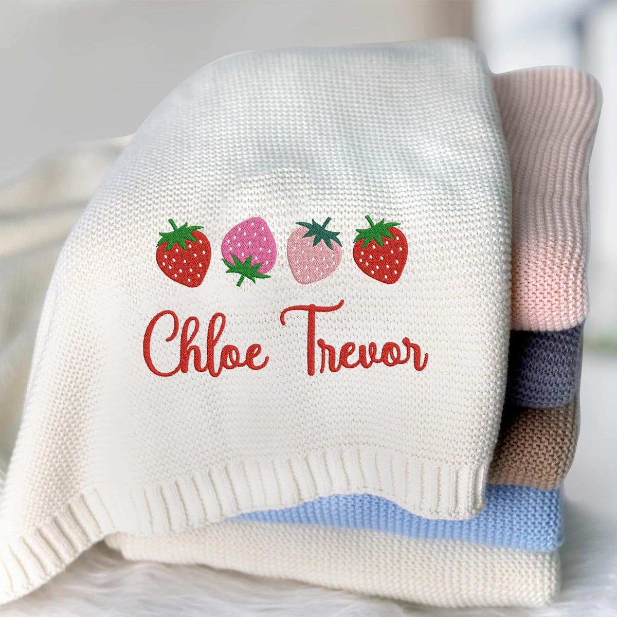 Embroidered Baby Blanket with Name, Personalized Baby Blanket for Boys Girls, Strawberry Baby Blanket, Embroidery Blanket for Strollers