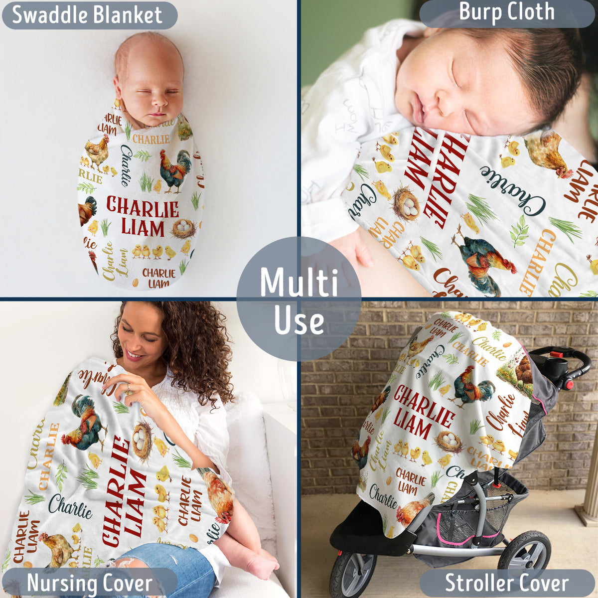 Farm Animals Baby Blanket, Customized Baby Blankets Name for Toddler Baby Nursery Bed Blankets Stroller Crib Shower Gifts