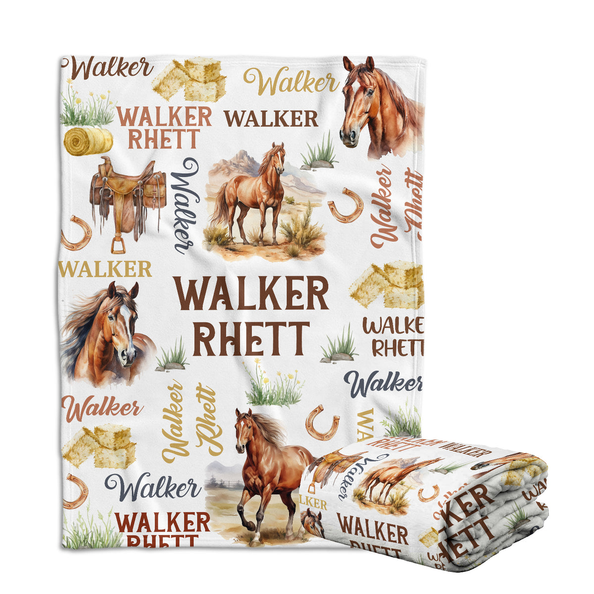 Farm Animals Baby Blanket, Customized Baby Blankets Name for Toddler Baby Nursery Bed Blankets Stroller Crib Shower Gifts (Blanket Horse)