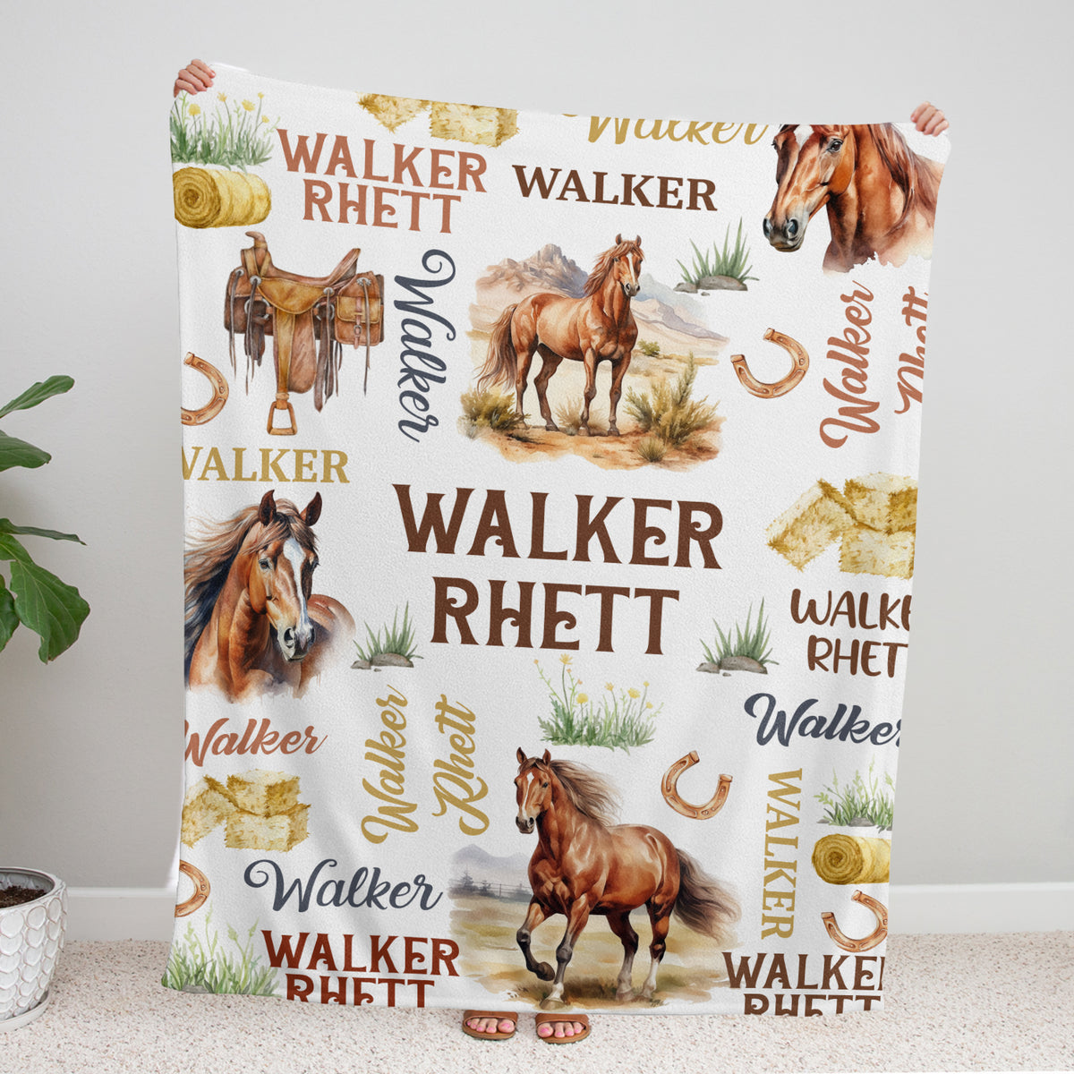 Farm Animals Baby Blanket, Customized Baby Blankets Name for Toddler Baby Nursery Bed Blankets Stroller Crib Shower Gifts (Blanket Horse)