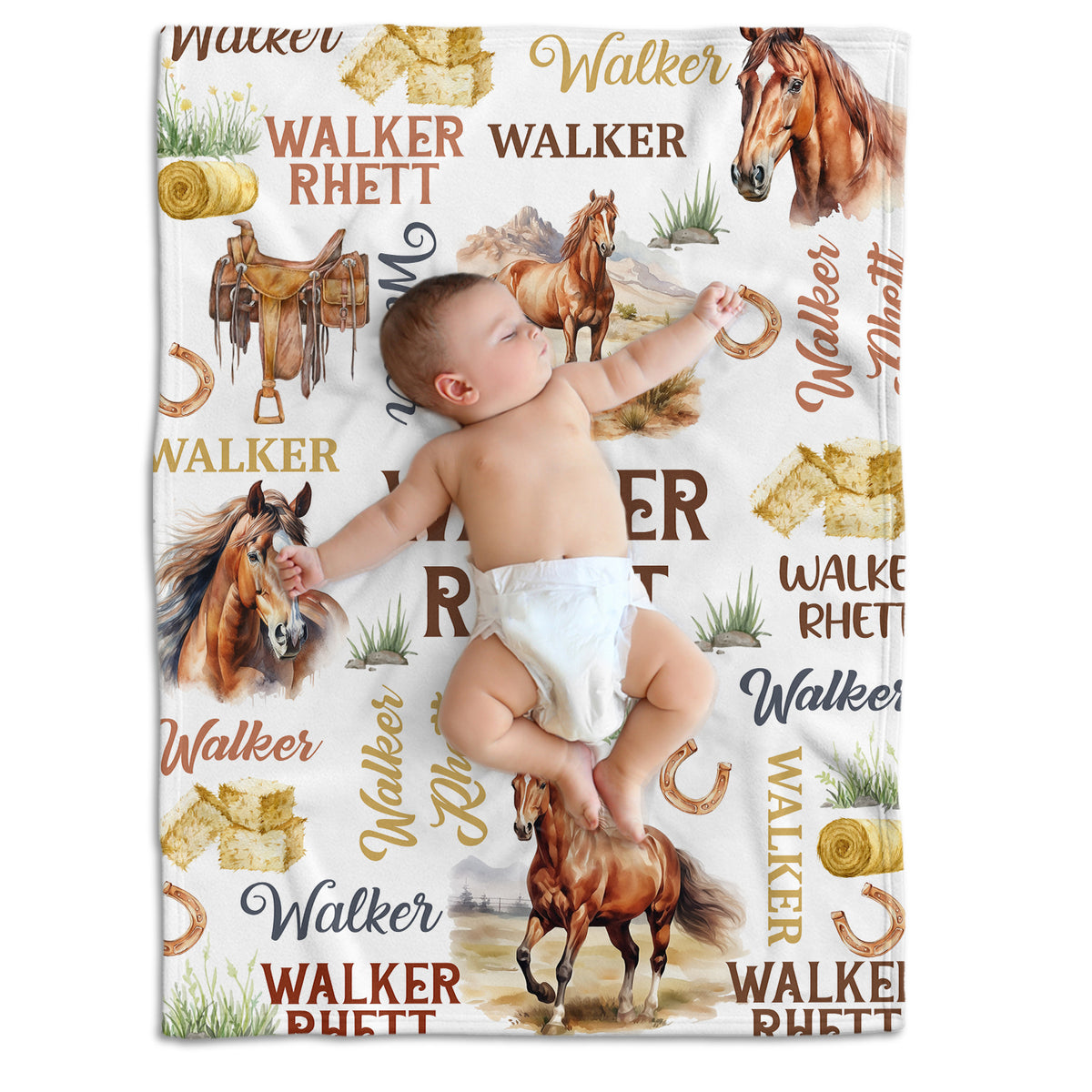 Farm Animals Baby Blanket, Customized Baby Blankets Name for Toddler Baby Nursery Bed Blankets Stroller Crib Shower Gifts (Blanket Horse)