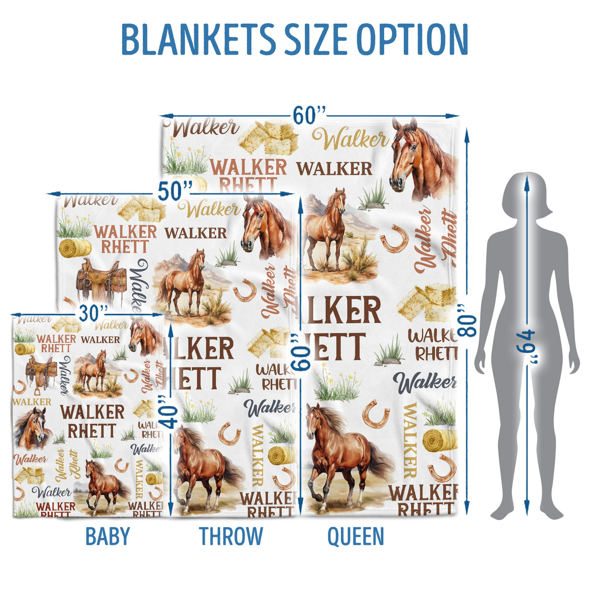 Farm Animals Baby Blanket, Customized Baby Blankets Name for Toddler Baby Nursery Bed Blankets Stroller Crib Shower Gifts (Blanket Horse)