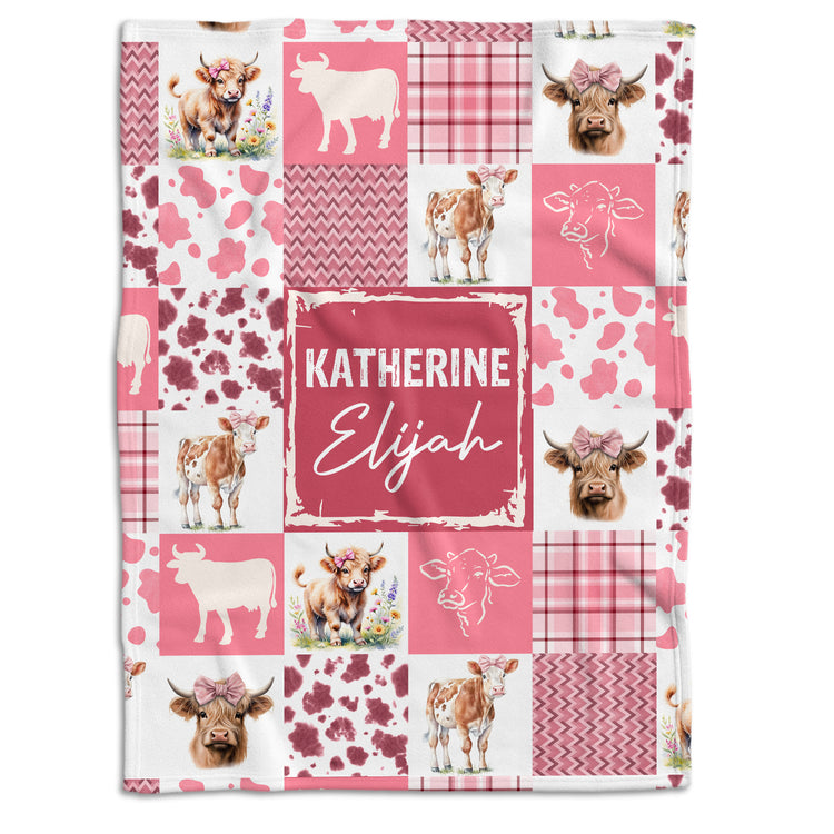 Farm Animals Baby Blanket, Personalized Baby Blankets for Boys Girls, Customized Baby Blankets Name for Toddler Gifts (Cow-Pink)