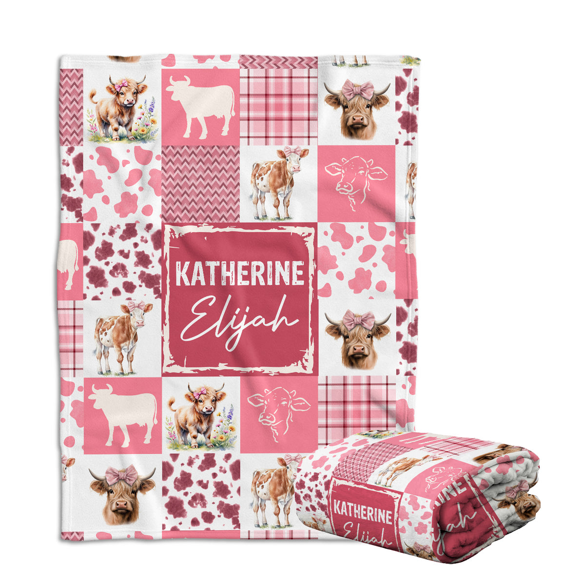 Farm Animals Baby Blanket, Personalized Baby Blankets for Boys Girls, Customized Baby Blankets Name for Toddler Gifts (Cow-Pink)