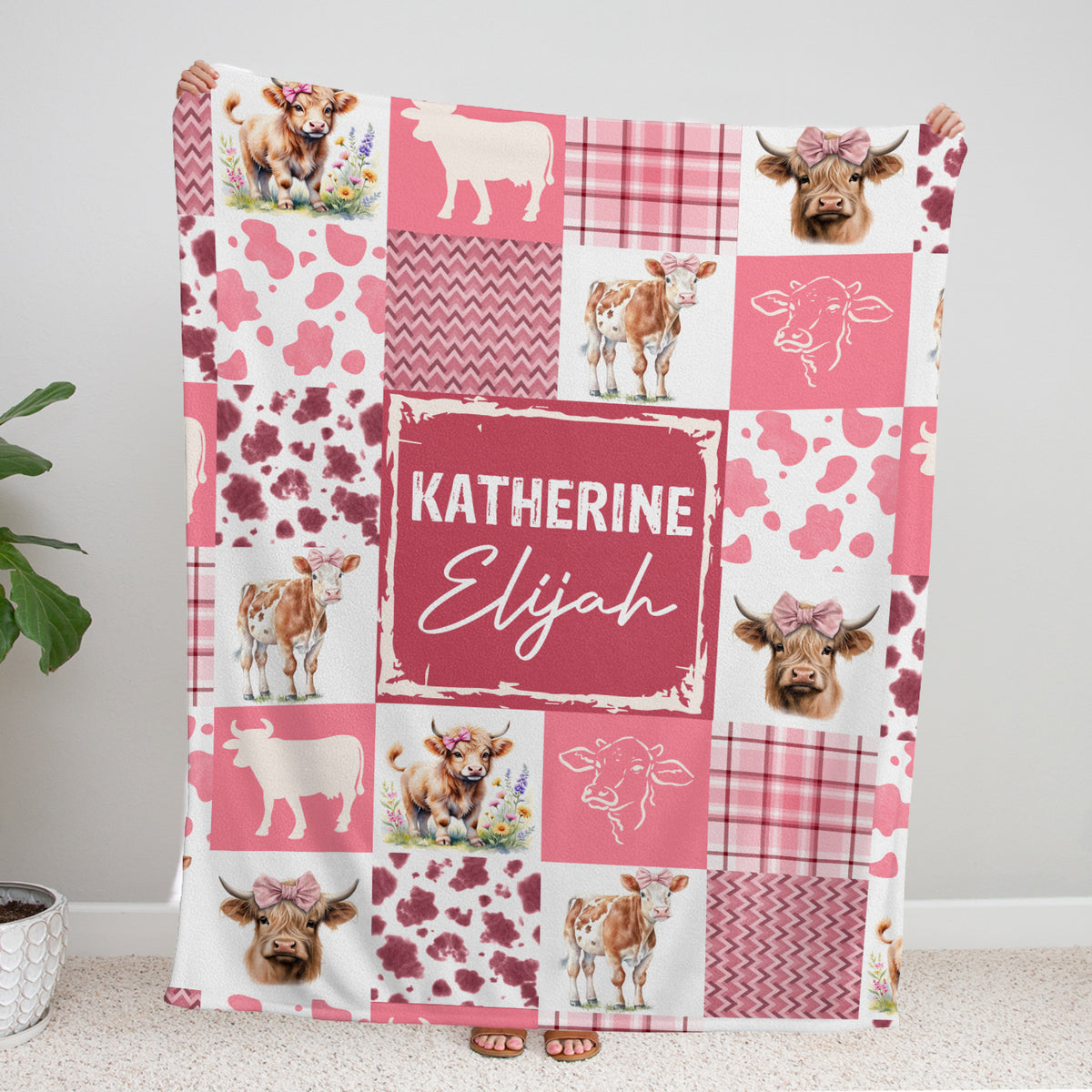 Farm Animals Baby Blanket, Personalized Baby Blankets for Boys Girls, Customized Baby Blankets Name for Toddler Gifts (Cow-Pink)