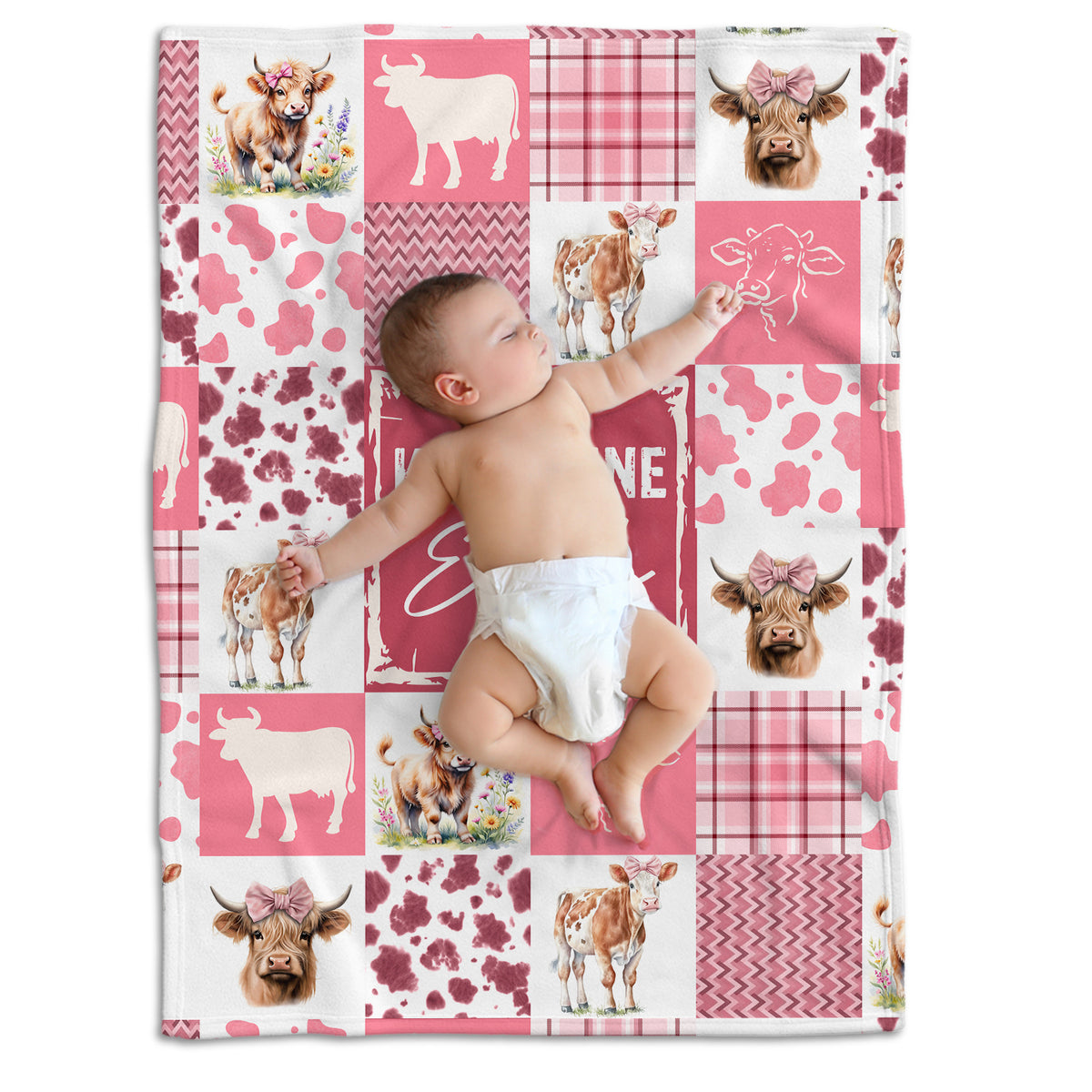 Farm Animals Baby Blanket, Personalized Baby Blankets for Boys Girls, Customized Baby Blankets Name for Toddler Gifts (Cow-Pink)