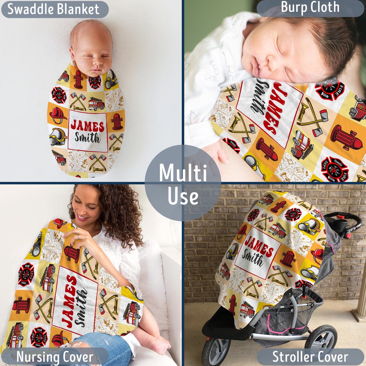 Firefighter Baby Blankets, Personalized Baby Blankets for Boys, Fire truck Swaddle Blanket, 3 Sizes Plush Blankets for Baby Boy Son Toddlers Kids