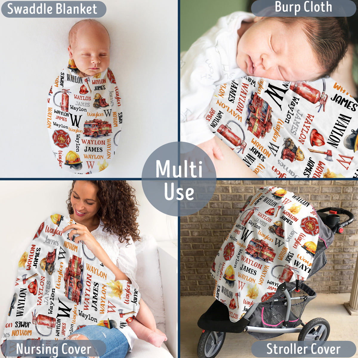 Firefighter Personalized Swaddle Blankets for Boys & Girls - Plush Custom Baby Blankets with Name, Firetruck Theme
