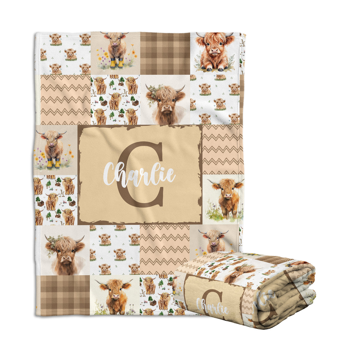 Highland Cow Baby Blanket - Personalized With Name or Initial for Girls and Boys, Custom Baby Stuff (Brown)