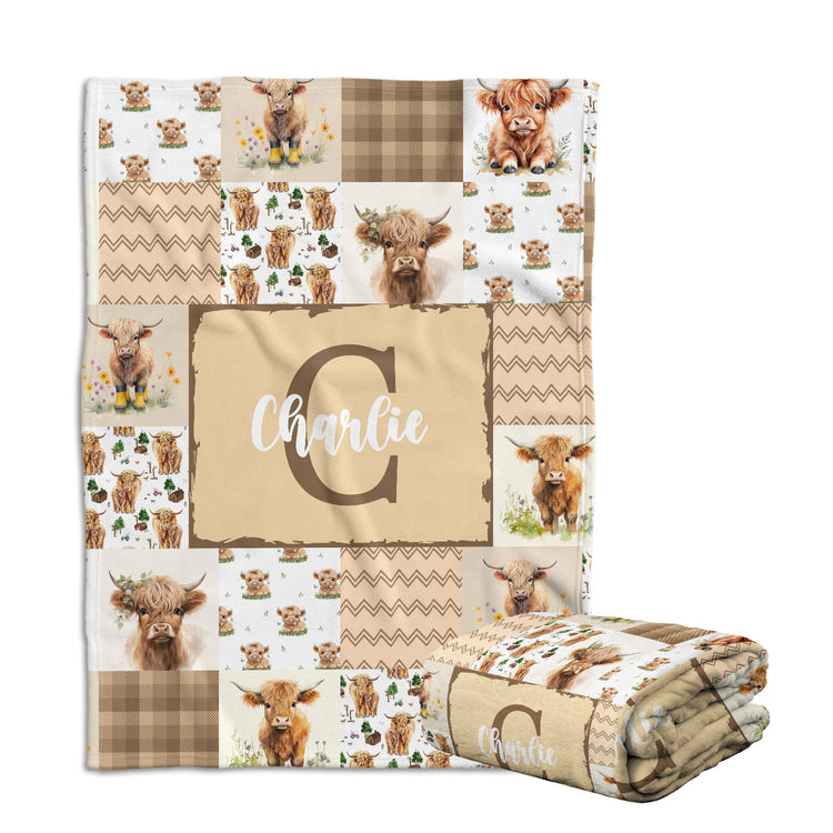 Highland Cow Baby Blanket - Personalized With Name or Initial for Girls and Boys, Custom Baby Stuff (Brown)