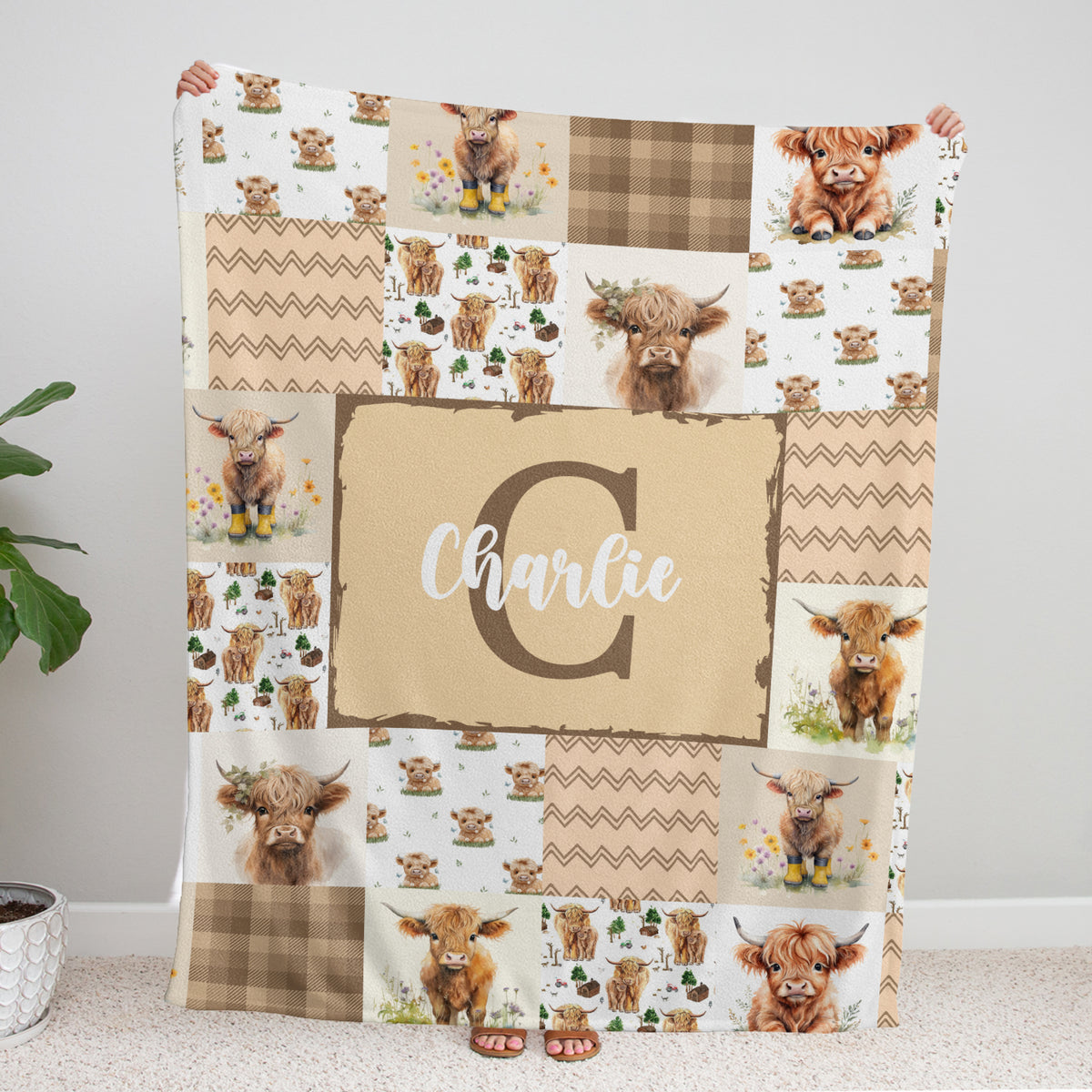 Highland Cow Baby Blanket - Personalized With Name or Initial for Girls and Boys, Custom Baby Stuff (Brown)