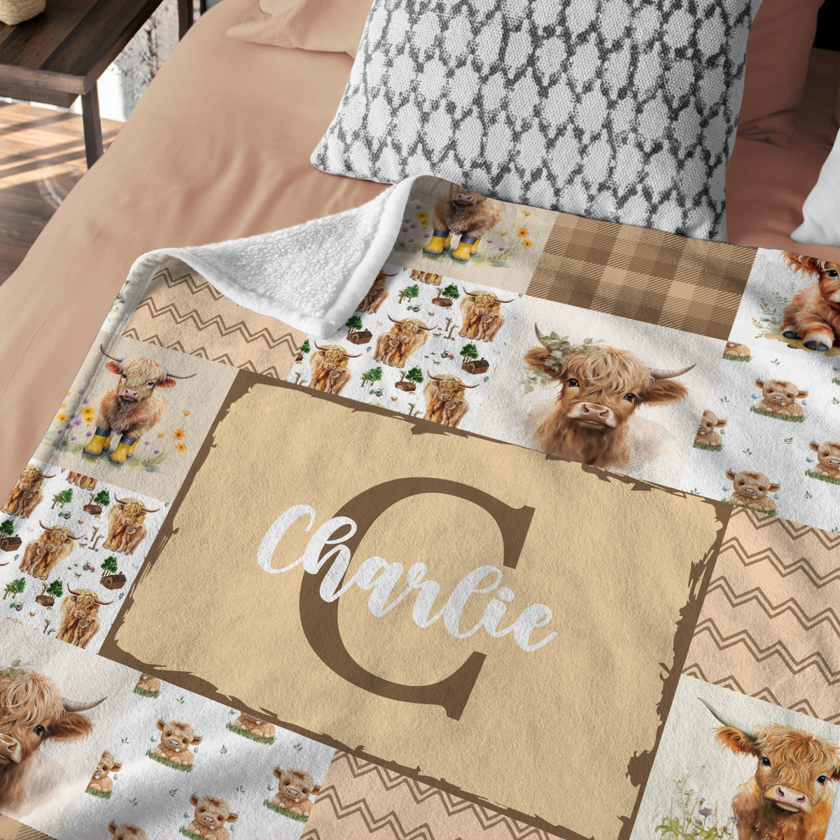 Highland Cow Baby Blanket - Personalized With Name or Initial for Girls and Boys, Custom Baby Stuff (Brown)
