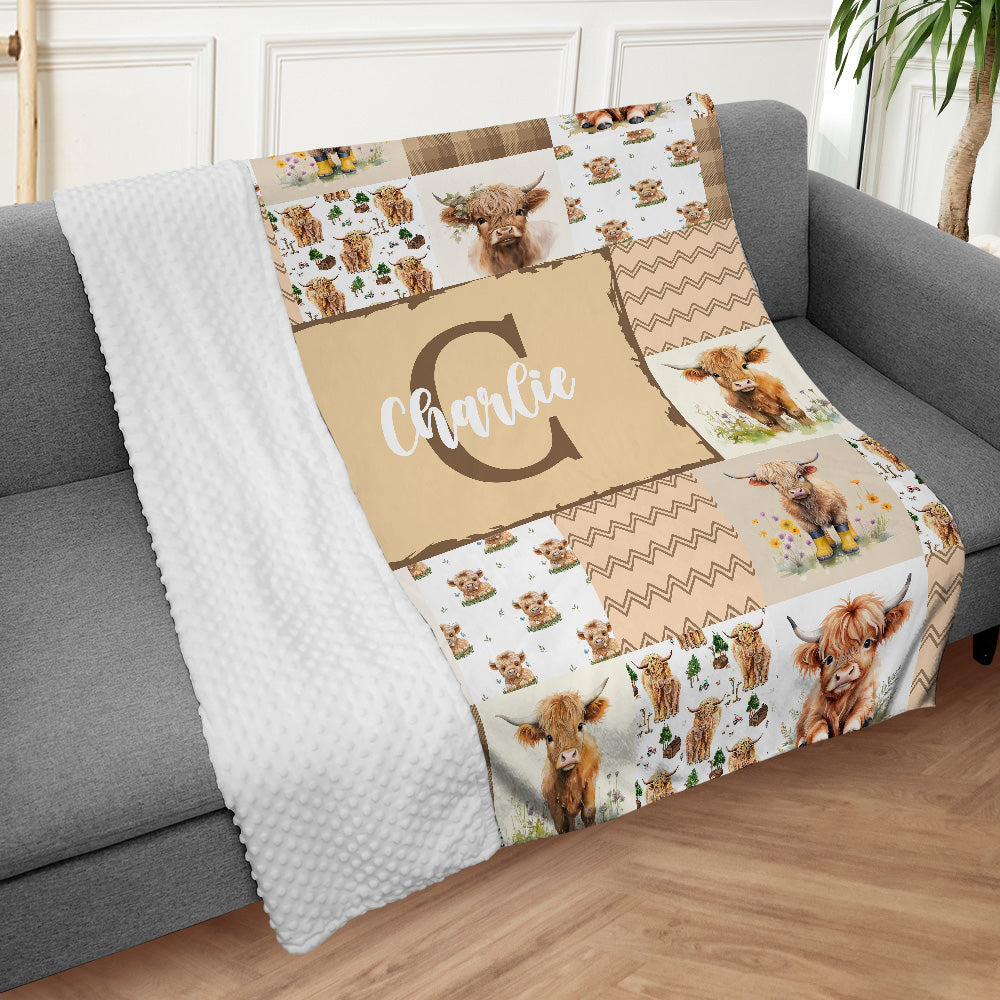 Highland Cow Baby Blanket - Personalized With Name or Initial for Girls and Boys, Custom Baby Stuff (Brown)