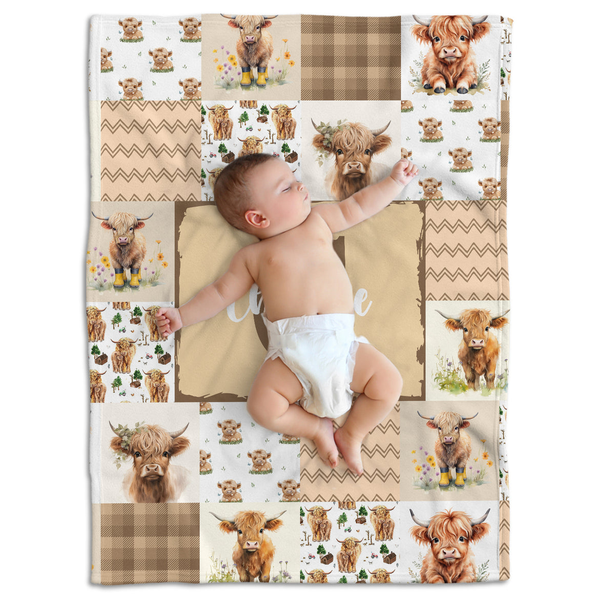 Highland Cow Baby Blanket - Personalized With Name or Initial for Girls and Boys, Custom Baby Stuff (Brown)