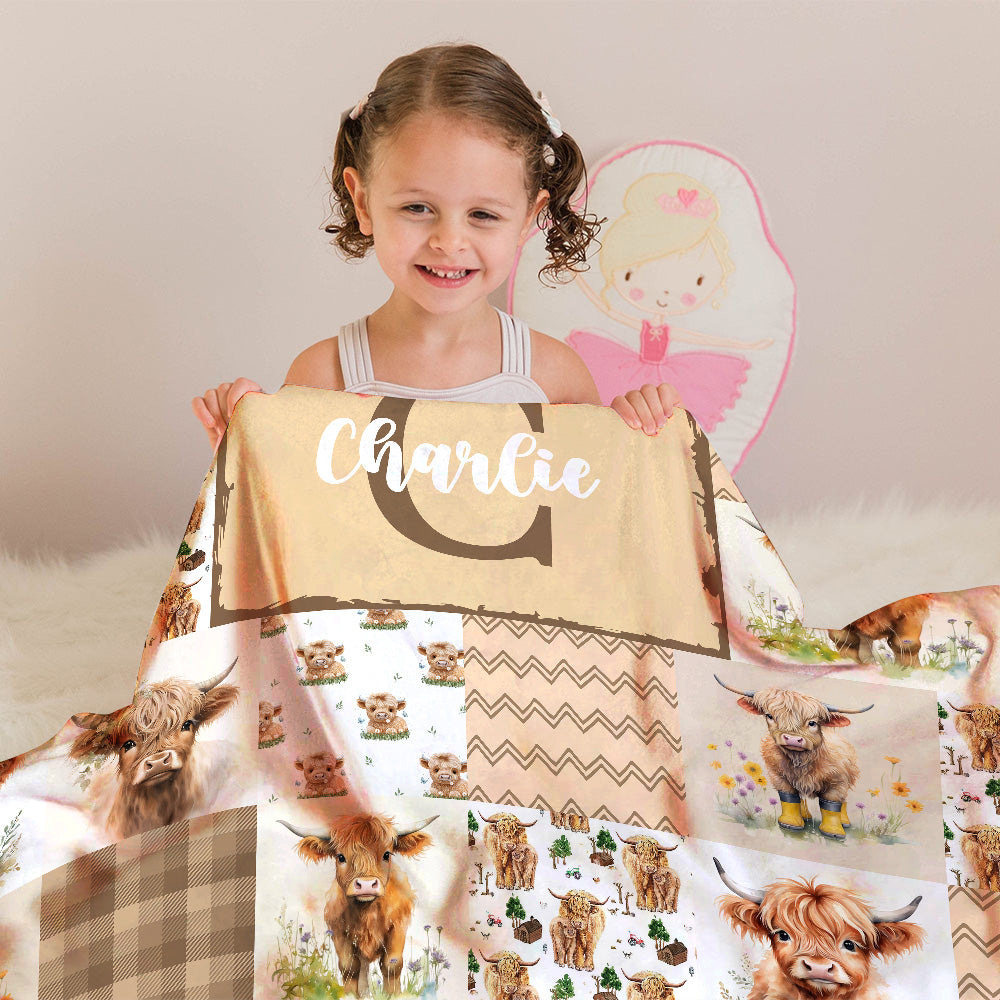 Highland Cow Baby Blanket - Personalized With Name or Initial for Girls and Boys, Custom Baby Stuff (Brown)