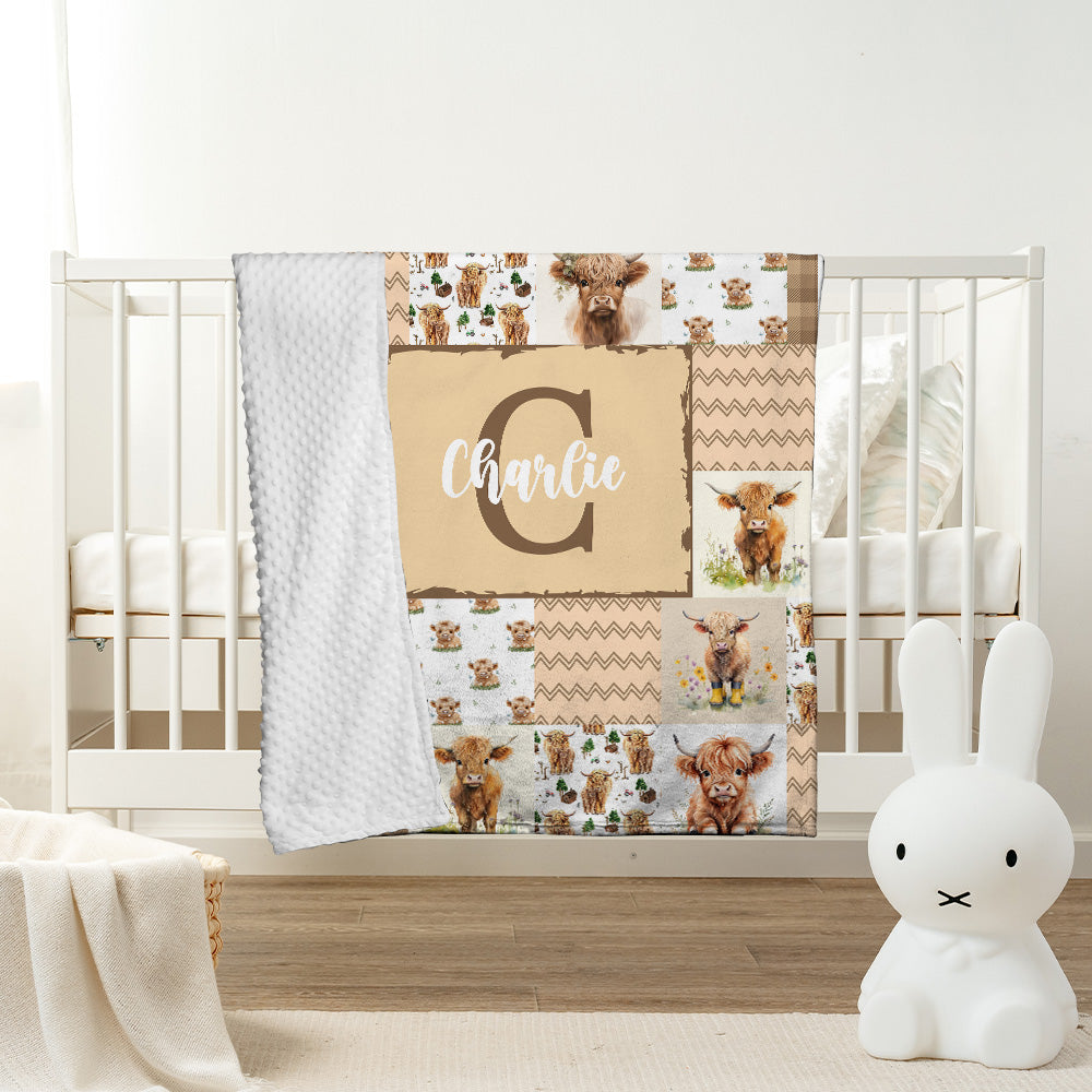 Highland Cow Baby Blanket - Personalized With Name or Initial for Girls and Boys, Custom Baby Stuff (Brown)