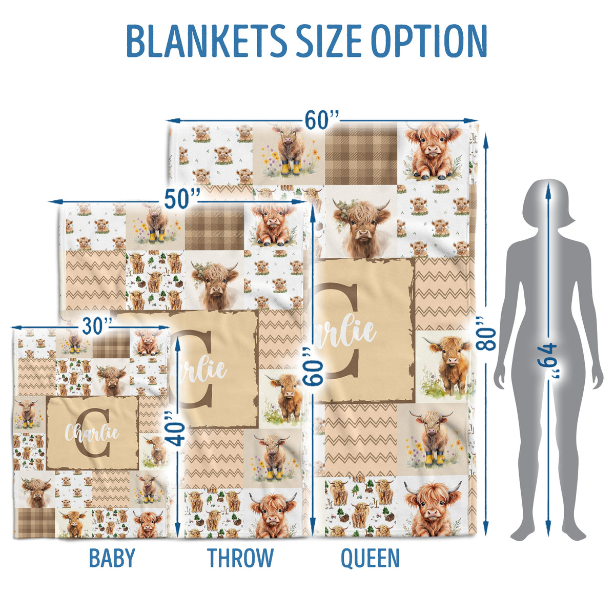 Highland Cow Baby Blanket - Personalized With Name or Initial for Girls and Boys, Custom Baby Stuff (Brown)