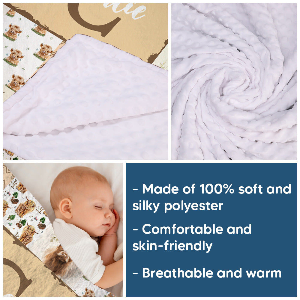 Highland Cow Baby Blanket - Personalized With Name or Initial for Girls and Boys, Custom Baby Stuff (Brown)