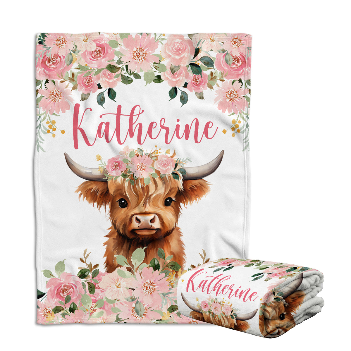 Highland Cow Baby Blanket for Baby, Personalized Baby Girl Blankets with Name, Pink Flowers Baby Blankets, Baby Cow Blankets, Custom