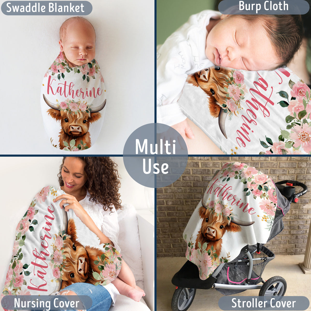 Highland Cow Baby Blanket for Baby, Personalized Baby Girl Blankets with Name, Pink Flowers Baby Blankets, Baby Cow Blankets, Custom