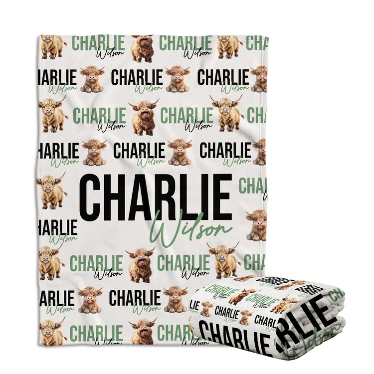Highland Cow Baby Blanket for Boys Girls, Personalized Girl Blankets with Name, Custom, 3 Sizes Plush Blanket for Infant Newborn Toddlers