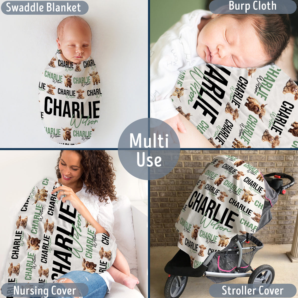 Highland Cow Baby Blanket for Boys Girls, Personalized Girl Blankets with Name, Custom, 3 Sizes Plush Blanket for Infant Newborn Toddlers