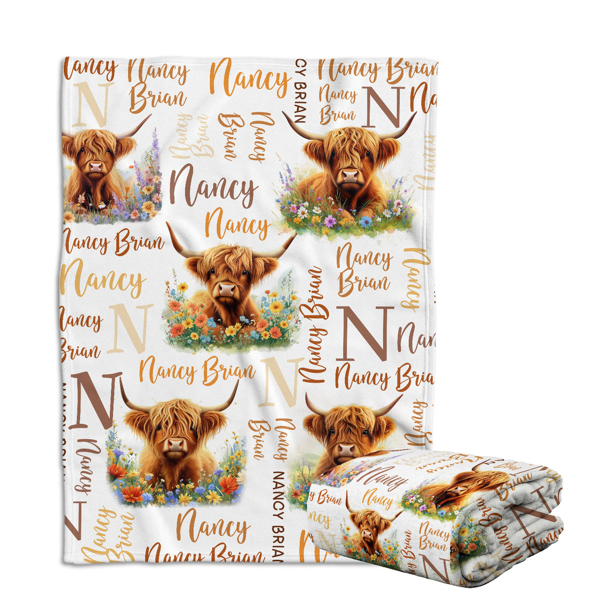 Highland Cow Baby Blanket for Girls Boys, Cow Blankets, Personalized Blankets with Name, Initial Name Baby Blanket, Custom