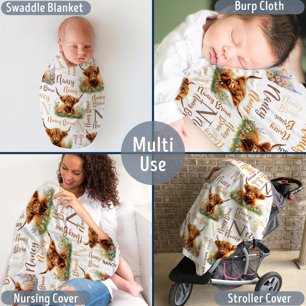 Highland Cow Baby Blanket for Girls Boys, Cow Blankets, Personalized Blankets with Name, Initial Name Baby Blanket, Custom