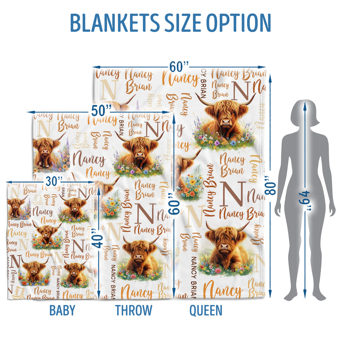 Highland Cow Baby Blanket for Girls Boys, Cow Blankets, Personalized Blankets with Name, Initial Name Baby Blanket, Custom