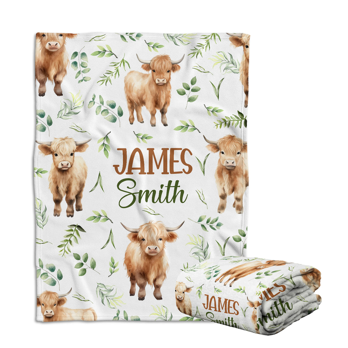 Highland Cow Baby Blanket for Girls & Boys, Personalized with Name, (Leaf)