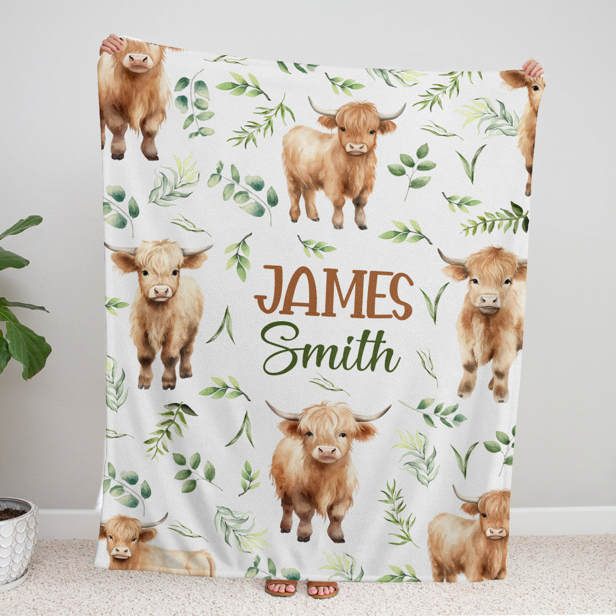 Highland Cow Baby Blanket for Girls & Boys, Personalized with Name, (Leaf)