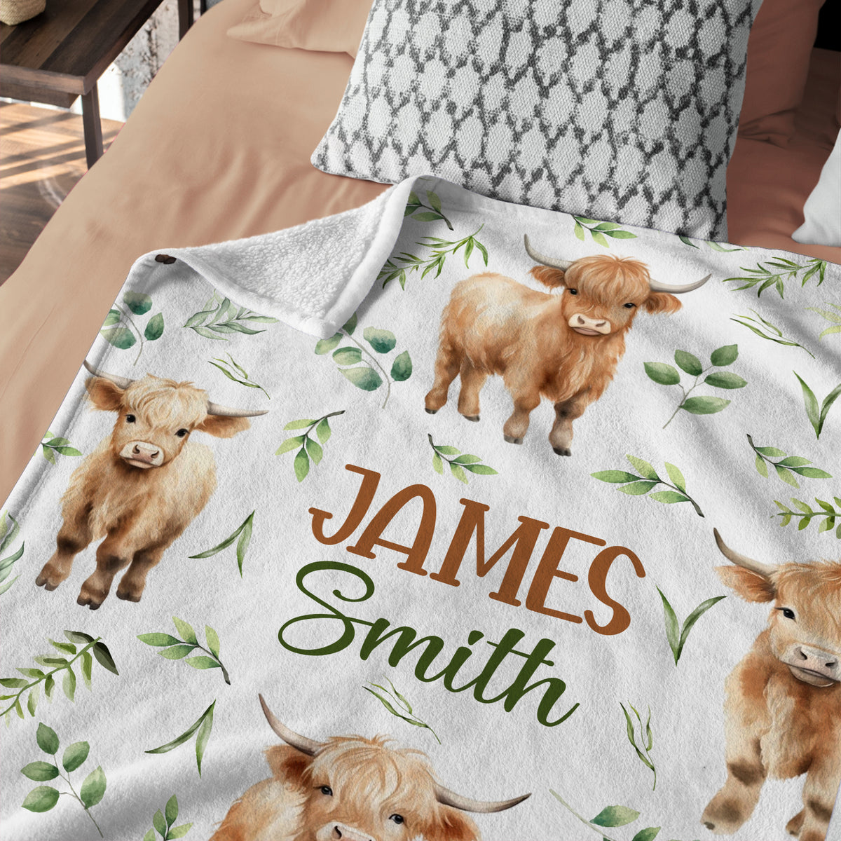 Highland Cow Baby Blanket for Girls & Boys, Personalized with Name, (Leaf)