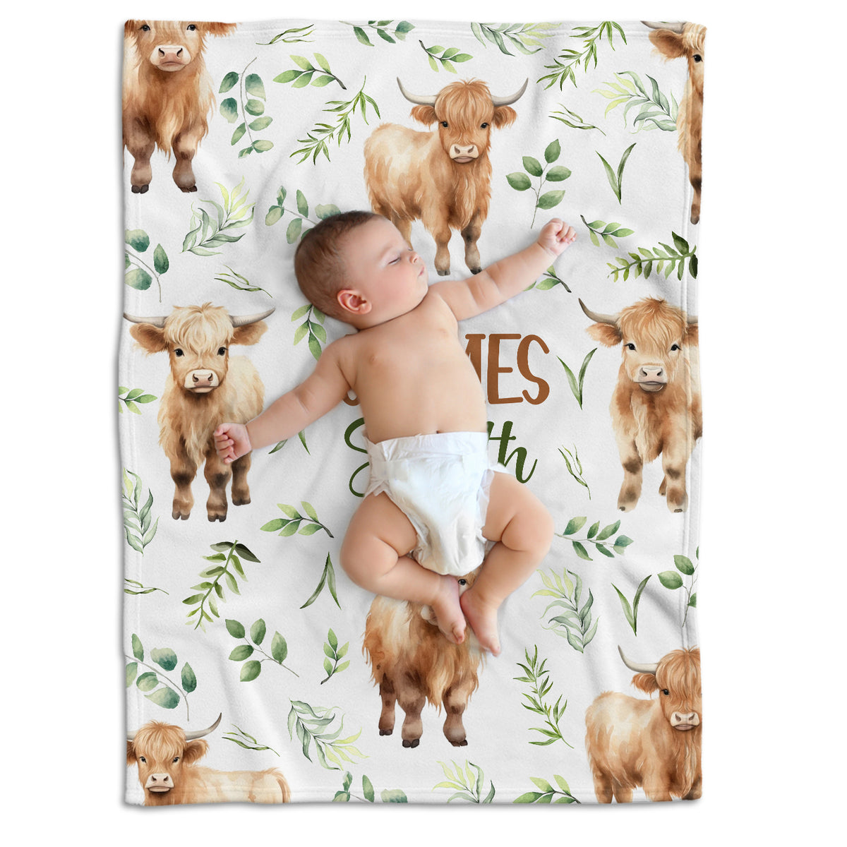 Highland Cow Baby Blanket for Girls & Boys, Personalized with Name, (Leaf)