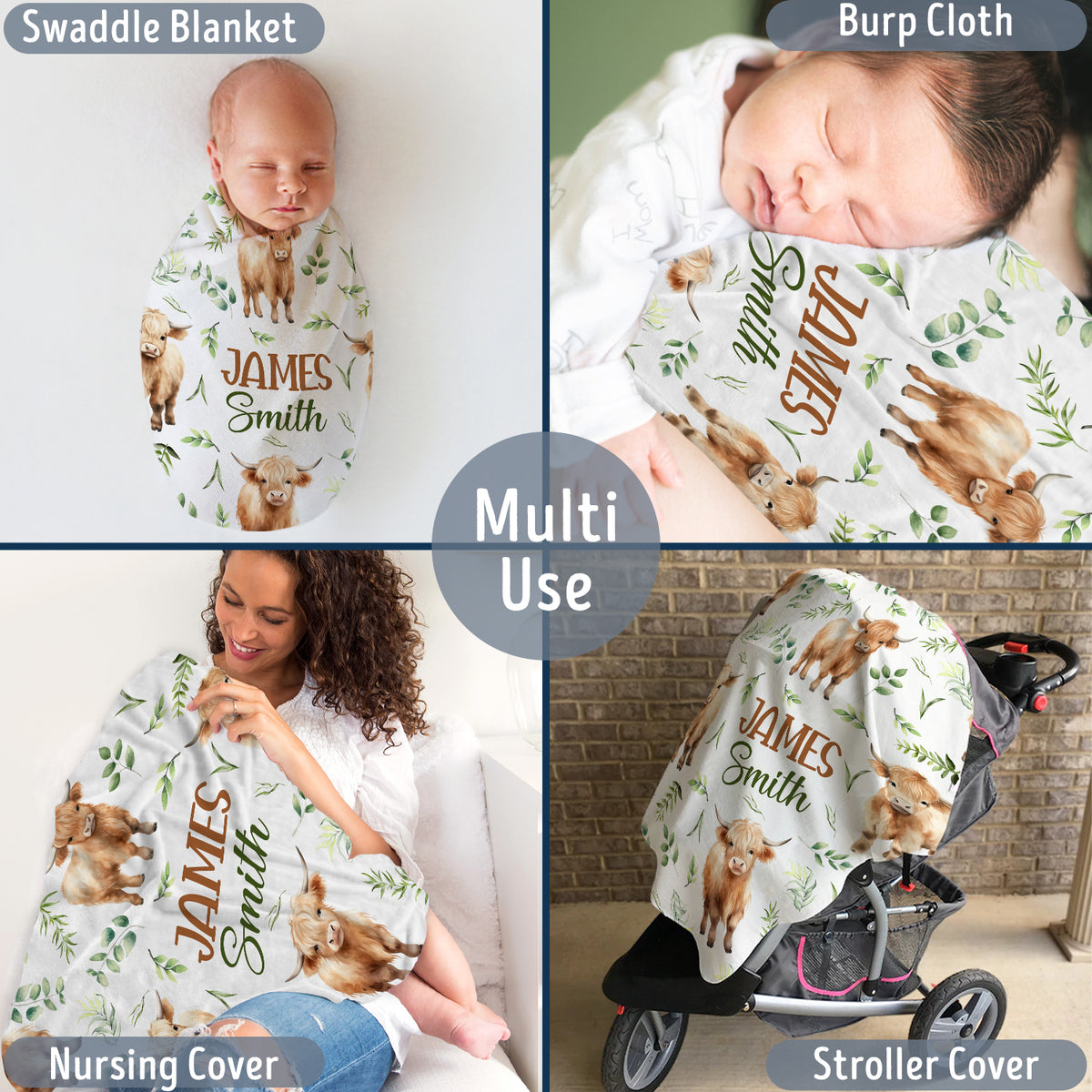 Highland Cow Baby Blanket for Girls & Boys, Personalized with Name, (Leaf)