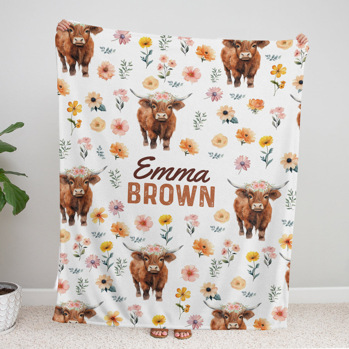 Highland Cow Baby Blanket for Girls, Highland Cow Baby Stuff, Personalized Baby Blankets with Name, Flowers Baby Blankets
