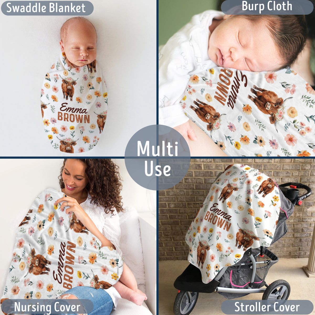 Highland Cow Baby Blanket for Girls, Highland Cow Baby Stuff, Personalized Baby Blankets with Name, Flowers Baby Blankets