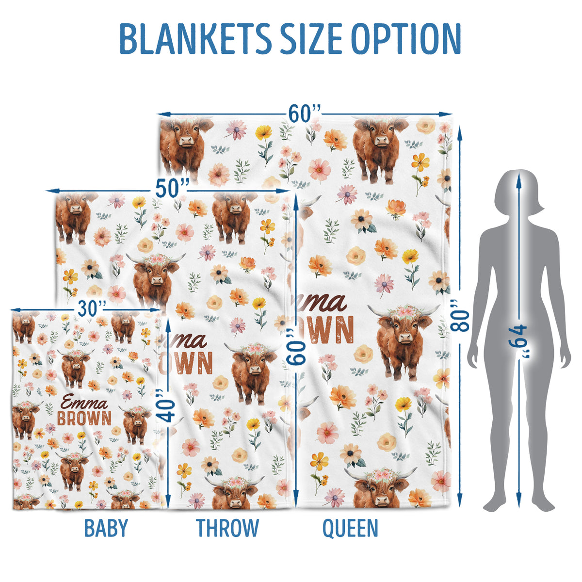 Highland Cow Baby Blanket for Girls, Highland Cow Baby Stuff, Personalized Baby Blankets with Name, Flowers Baby Blankets