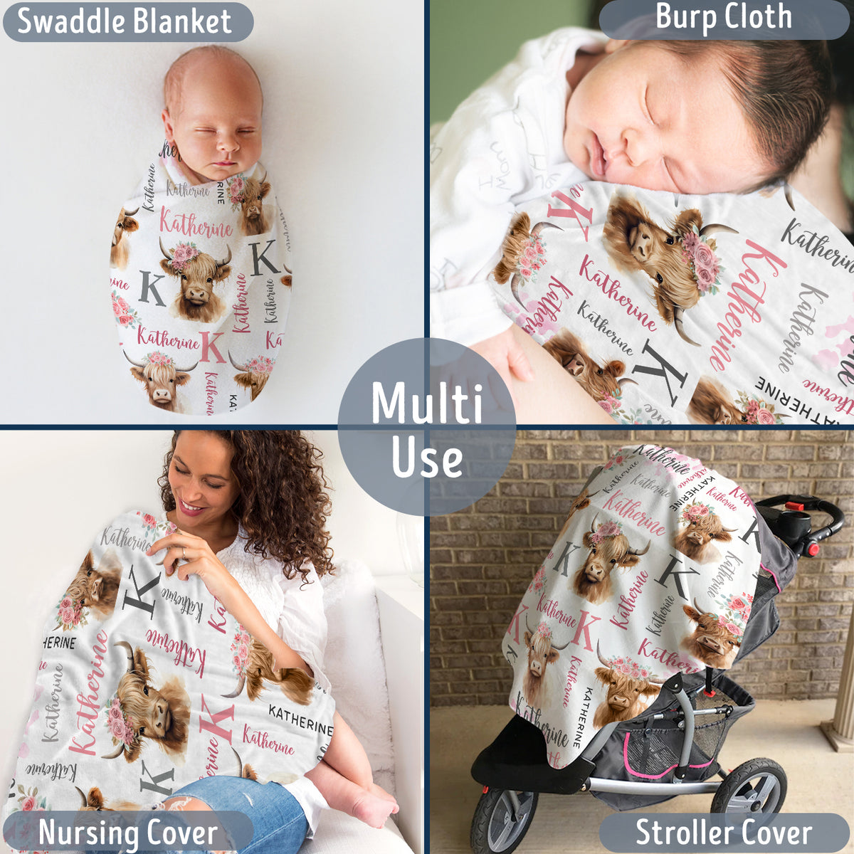 Highland Cow Baby Stuff, Personalized Baby Girl Blankets with Name, Pink Flowers Baby Blankets, Baby Cow Blankets, Custom (Initial)
