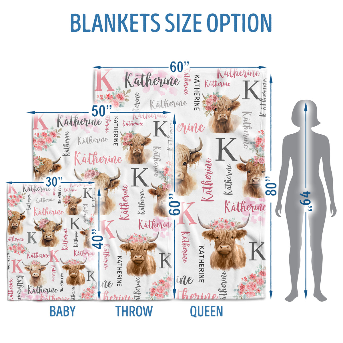 Highland Cow Baby Stuff, Personalized Baby Girl Blankets with Name, Pink Flowers Baby Blankets, Baby Cow Blankets, Custom (Initial)