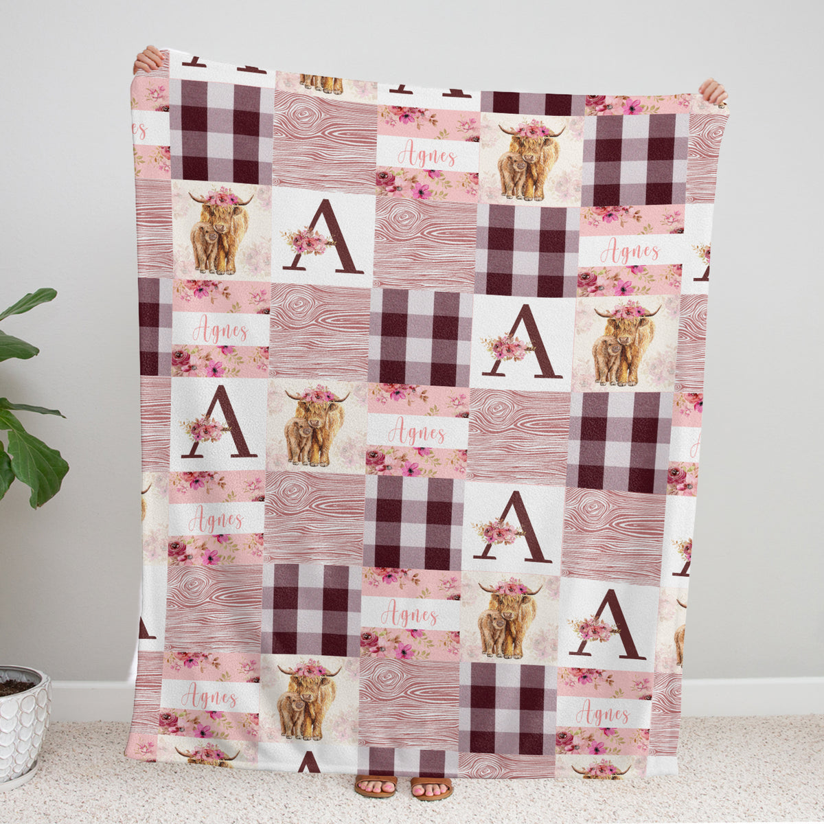 Highland Cow Personalized Baby Blanket With Name - Pink Western Cowboy Blanket for Newborn Infant Daughter, Custom Baby Girl Stuff