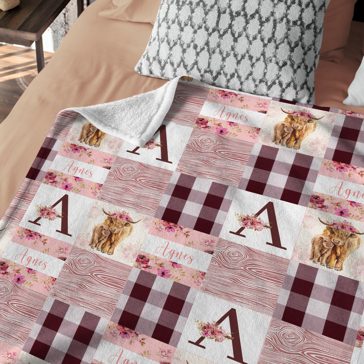 Highland Cow Personalized Baby Blanket With Name - Pink Western Cowboy Blanket for Newborn Infant Daughter, Custom Baby Girl Stuff