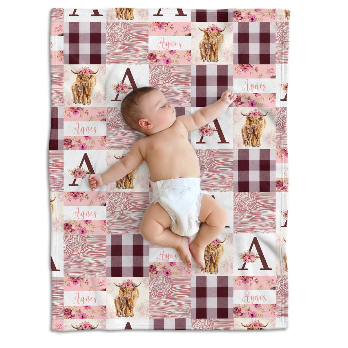 Highland Cow Personalized Baby Blanket With Name - Pink Western Cowboy Blanket for Newborn Infant Daughter, Custom Baby Girl Stuff