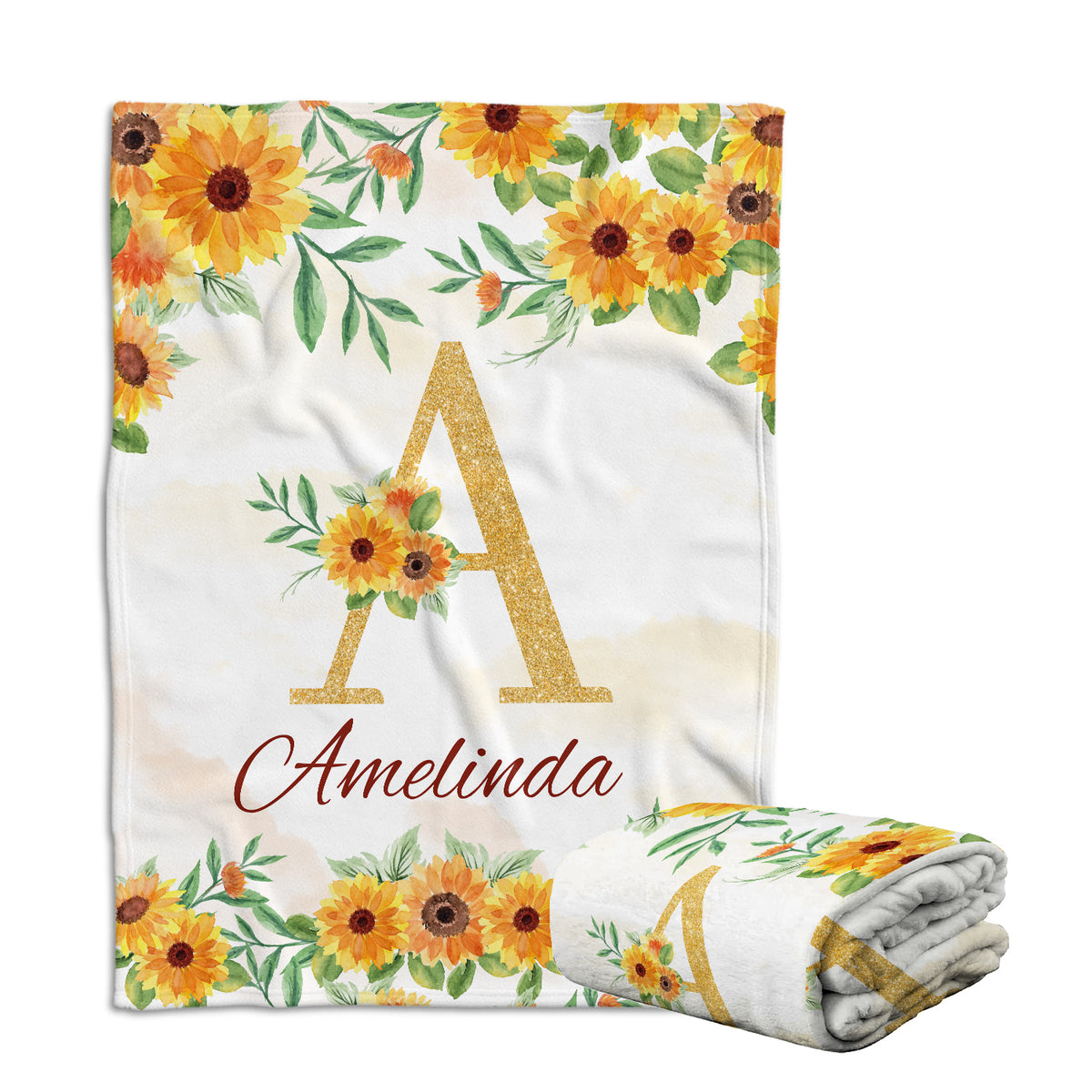 Initials Name Baby Blanket for Girls, Personalized Sunflower Swaddle, Custom Soft Plush for Newborn Infant Daughter