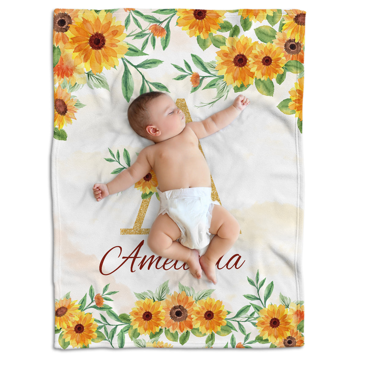 Initials Name Baby Blanket for Girls, Personalized Sunflower Swaddle, Custom Soft Plush for Newborn Infant Daughter