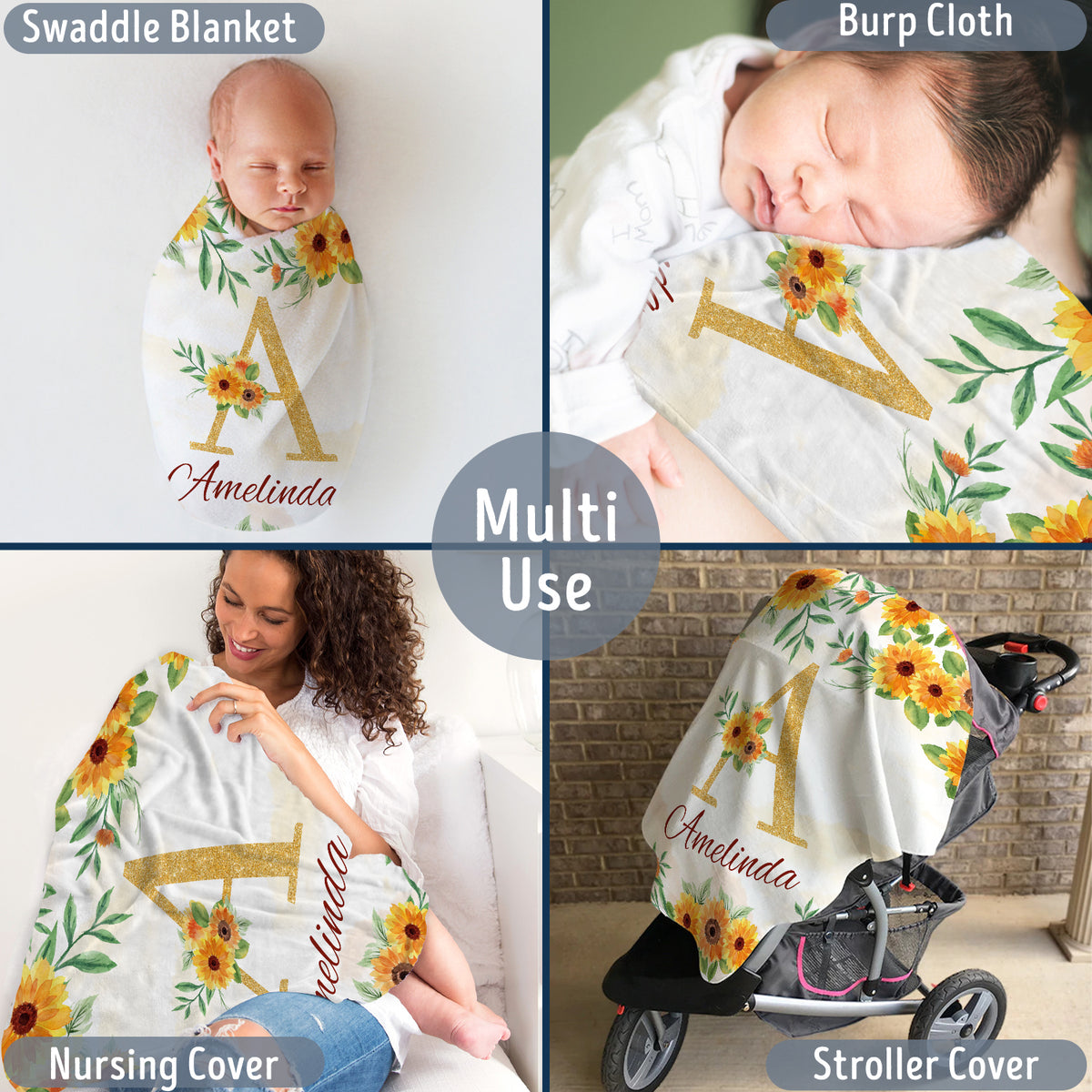 Initials Name Baby Blanket for Girls, Personalized Sunflower Swaddle, Custom Soft Plush for Newborn Infant Daughter