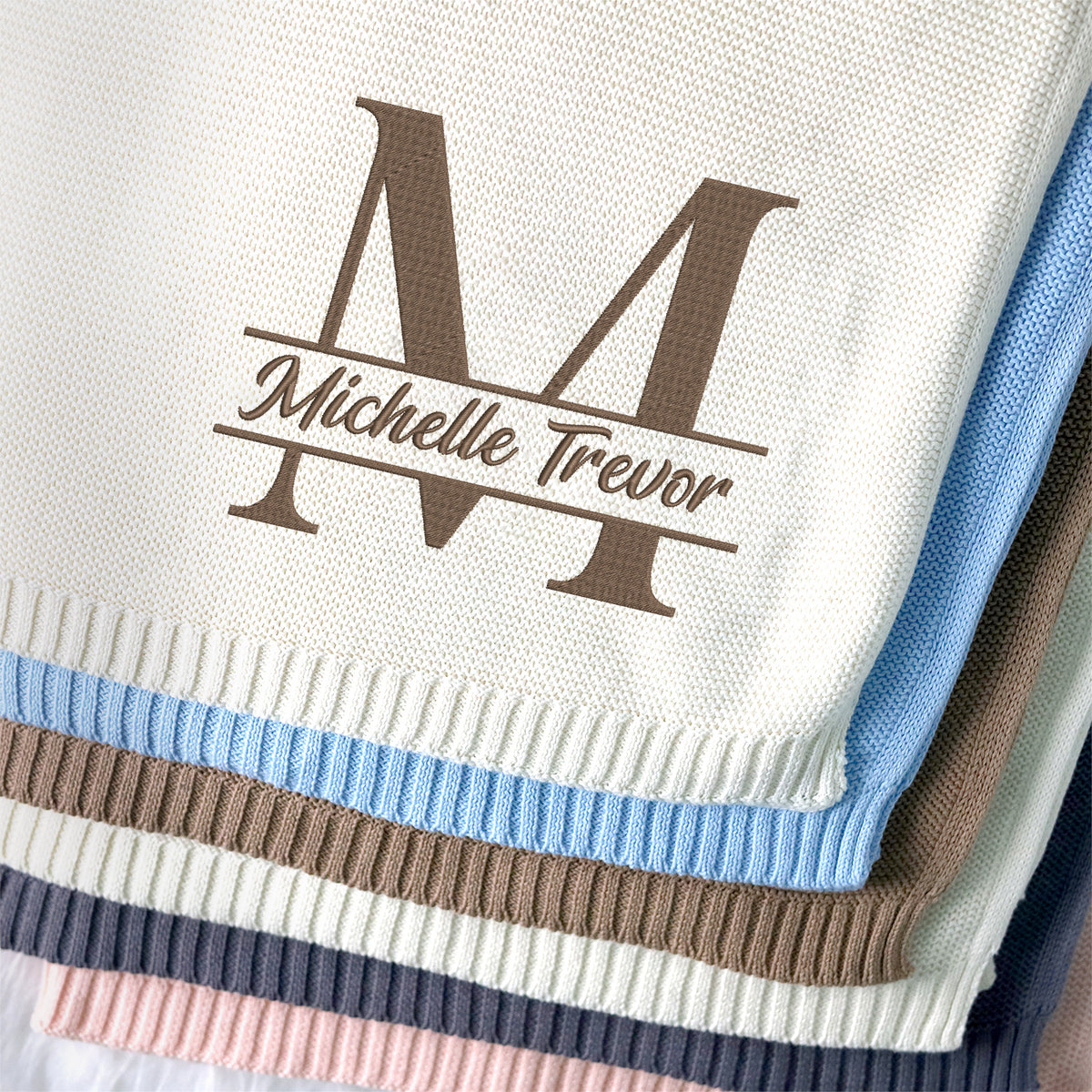 Initials Name Embroidered Baby Blanket, Personalized Baby Blanket for Boys Girls, Cotton Knit Blanket For Kids