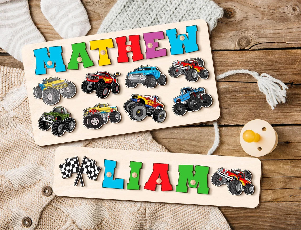 Kids Monster Truck Name Puzzle Board, Boy Birthday Gift, Wood Toddlers Toys, Racing Cars