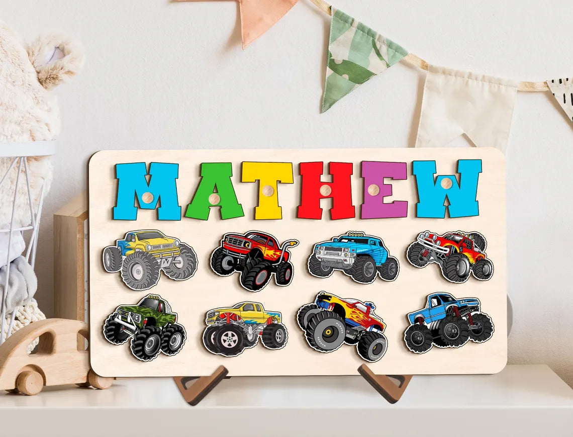 Kids Monster Truck Name Puzzle Board, Boy Birthday Gift, Wood Toddlers Toys, Racing Cars